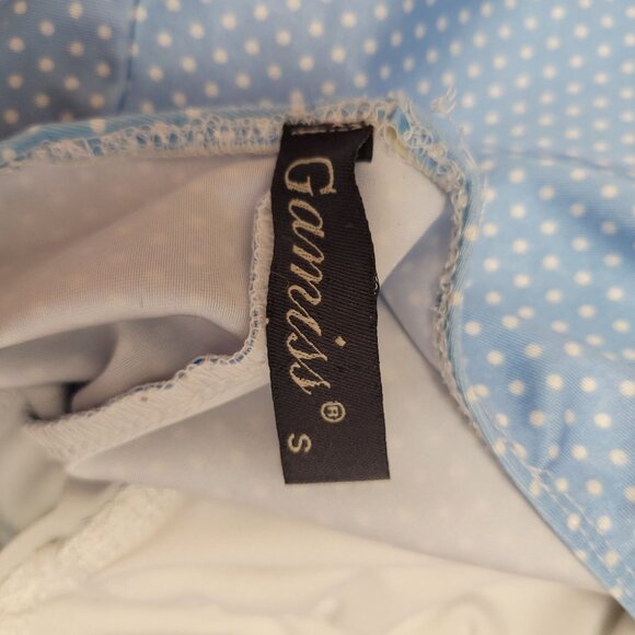 Vintage-Inspired Blue Polka Dot Halter One-Piece Swimsuit With Ruched Front By G - Picture 5 of 6